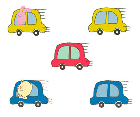 自動車・車に乗って走るくまとうさぎ