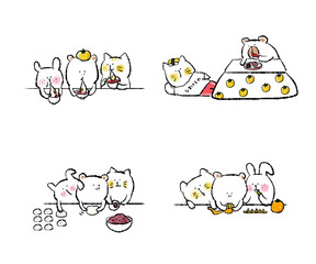 年末年始にお餅やみかんを食べる動物たち