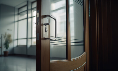 Illustration of the handle on the door of an office. Metal handle on the glass door. Glass door with a metal handle glass door glass background. Realistic 3D illustration. Generative AI