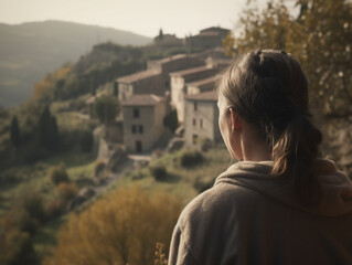 woman looking at a village in the distance