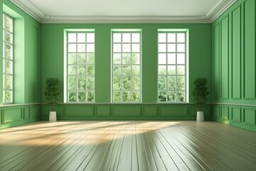 Fototapeta na wymiar Interior with walls painted in a shade of green, a sizable window on the left, and three windows in the middle. A light parquet floor and white plinth. Interior Mockup in 8K Ultra HD, Generative AI