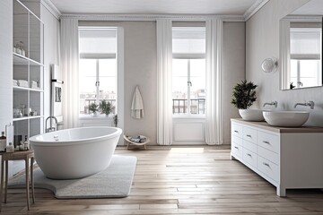 Fototapeta na wymiar Bathroom has a light color scheme, parquet floor, white tub, and gray towels. a contemporary bathroom and a fake copy area, Generative AI
