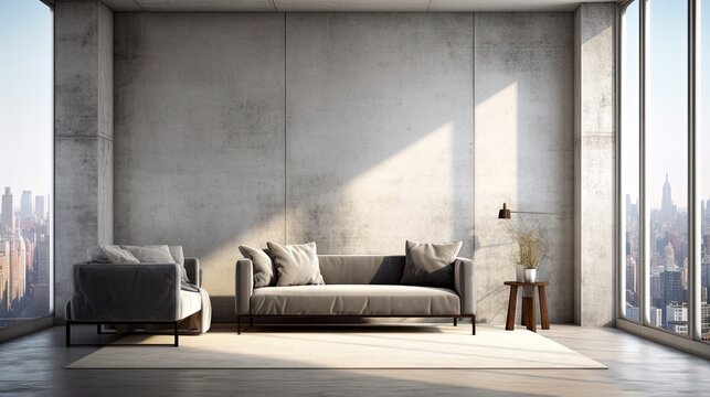 Interior of a contemporary living room or corporate space with windows that provide a sweeping view of the city, sunlight, furniture, and a white mock-up banner on a concrete wall. Generative AI