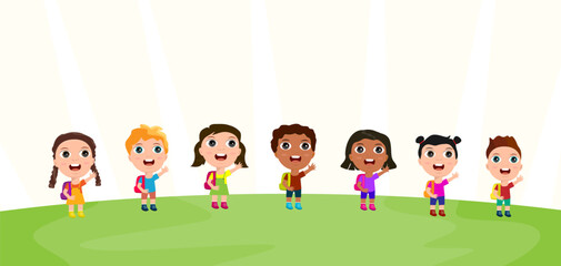 little students kids backpackers say goodbye say goodbye hello arms raise hands friends primary school nursery kindergarten outside nature park banner cute design