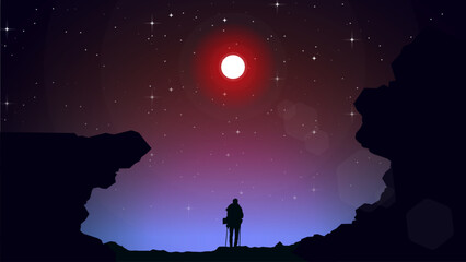 Fototapeta premium Adventurous man hiker. A Man hiking in the mountains with backpack. Purple night sky HD wallpaper. starry night sky. Traveler with walking sticks. hiking silhouette vector.