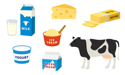 乳製品や乳牛のイラストセット_Dairy products and dairy cows