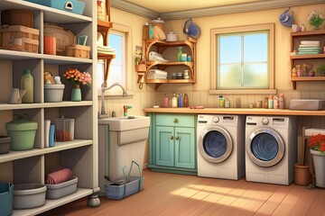 Next to the kitchen is a realistic, fashionable laundry unit with a washer, a dryer, and supplies for cleaning neatly arranged on the shelves. chores, household, and housework. Generative AI