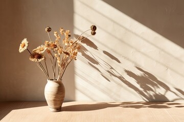 vertical text space in a close-up composition with a vase made of wood and dried flowers. shadows cast by the sun on a background. Generative AI