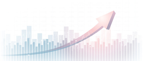 Widescreen abstract financial chart with moving up arrow graph and glowing light on white color background
