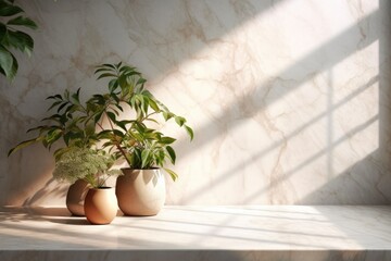 empty dazzling white marble kitchen counter top illustration for a product display backdrop with a wallpapered beige wall, lovely sunlight, and vegetation shadow Background, Mock up, Generative AI