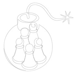 One continuous line of Pawn, Chess Piece with Bomb. Thin Line Illustration vector concept. Contour Drawing Creative ideas.
