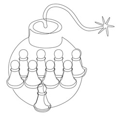 One continuous line of Pawn, Chess Piece with Bomb. Thin Line Illustration vector concept. Contour Drawing Creative ideas.