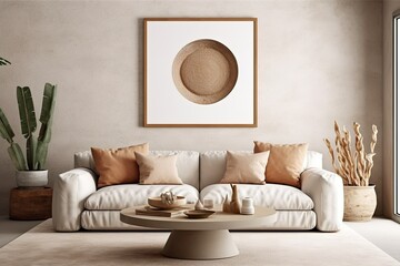 Scandinavian-style living room background with mock-up poster frame, Generative AI