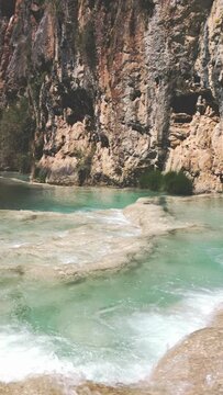 Natural pools of Millpu in Huancaraylla. Turquoise lagoons near Ayacucho, travel destination in Peru