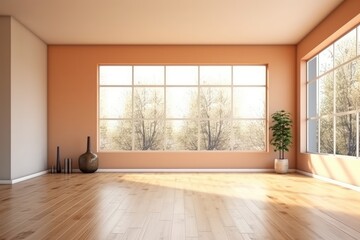 Fototapeta na wymiar Interior room with white walls, a ceiling with windows, and a wooden floor. Modern minimalist mockup, front view. Warm brightness from the sun. illustration. Generative AI