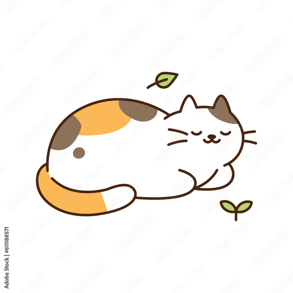 Wall mural cute cat. a tricolor cat is sleeping with a relaxed expression in a rope pose.