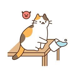 Cute cat. A tricolor cat is kicking a water cup on the table and knocking it off.