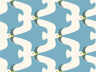 Seamless pattern with flying gulls. Flat and whimsical illustration of flying seagulls on subtle striped blue background.