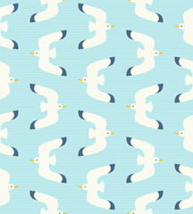 Fototapeta na wymiar Seamless pattern with flying gulls. Flat and whimsical illustration of flying seagulls on subtle striped light blue background.