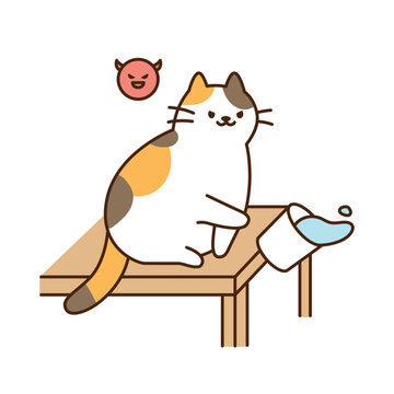 Cute cat. A tricolor cat is kicking a water cup on the table and knocking it off.