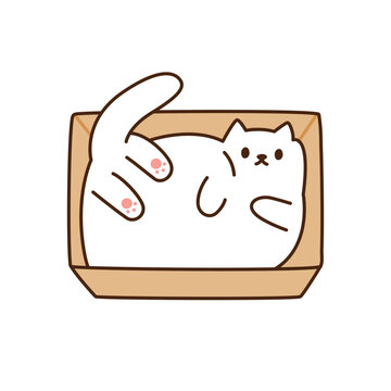recommend clip art: Cute cat. A white cat is doing a funny pose by stuffing the inside of a box.