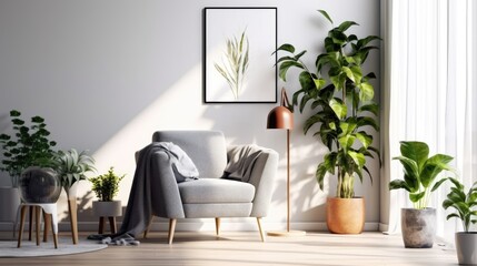 contemporary interior decor. A chic, well-lit living room is furnished with a chair, houseplant, painting, carpet, and white walls. Rent an apartment with minimal decor. Generative AI - obrazy, fototapety, plakaty