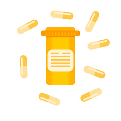 Medical colored pill bottles and pills for treatment on white background.