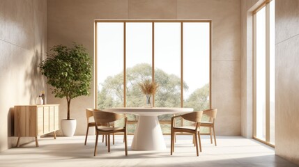 White dining room interior with big windows, tiled floor, and round oak table with white seats surrounding it. wall-mounted poster that is vertical. a mockup Generative AI