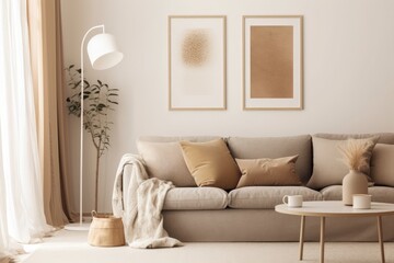 Mockup of a blank picture frame on a white wall. poster or painting template white interior design for the living room. A view of a contemporary rustic-style interior with mock-up Generative AI