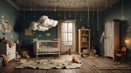 vacant room with thunder and rain where you can put babies, kids products. Generative AI