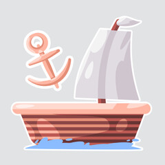 wooden boat water sea sail boat ship with anchor transportation ocean nautical maritime illustration sticker