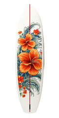 a Floral surfboard standing upright in a front view as an isolated transparent PNG, photorealistic illustration. generative ai