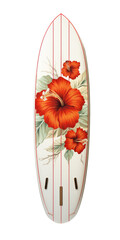 a Floral surfboard standing upright in a front view as an isolated transparent PNG, photorealistic illustration. generative ai