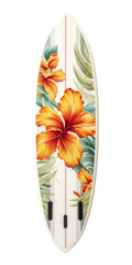 a Beautifully handcrafted classic surfboard, Hibiscus graphics, Surf-themed, Vertical format, photorealistic illustrations in a PNG, cutout, and isolated. Generative AI