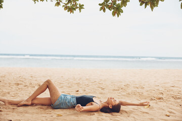 woman nature beach travel natural vacation sitting smile freedom sea sand