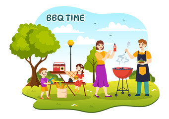 Obraz na płótnie Canvas Barbecue and Grill Set Vector Illustration Kids Grilling or BBQ Party Food at Park in Festival and Summer Cooking Cartoon Hand Drawn Templates