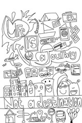 Vector illustration of a set of doodle illustrations. Hand drawn vector doodle illustration and writing Journey and destination. themes Life is a Journey Not a Destination