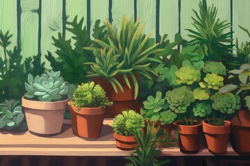 Potted succulents, a wooden foundation, and a green background. Generative AI