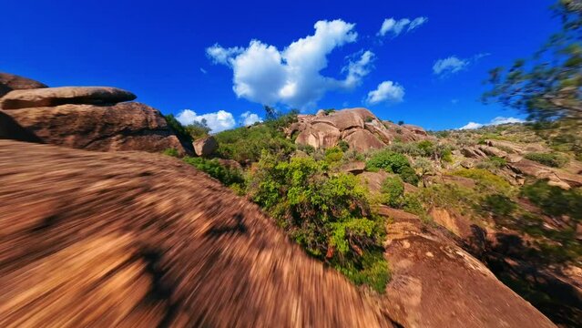 Aerial view of extraordinary rock formations of  Latmos .
Lake Bafa surroundings.
FPV flying trough rocks. extraordinary appearance