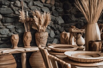 Bohemian wooden dining room with table in boho styles, Mediterranean interior design, potted straws with pebbles, dry plants, ornament, ears, sheaf, branch in vase Generative AI