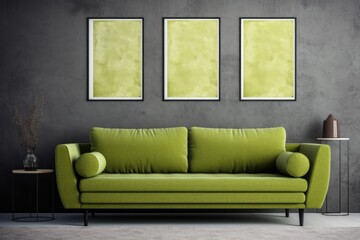 Mock-up of two frames on a background of a home interior with a green sofa, Generative AI