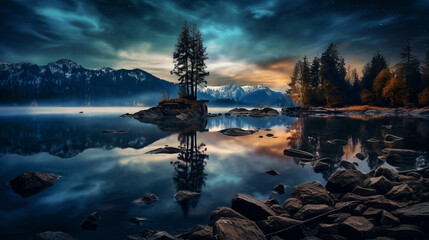 Fototapeta na wymiar serene wanderlust lake landscape photo manipulation (magical filter)