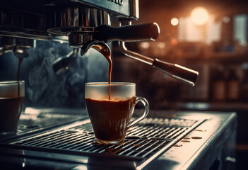 Fototapeta premium Closeup shot of modern coffee machines in the cafe. Professional espresso machine. Coffee machine making coffee in the style of warm. Realistic 3D illustration. Generative AI