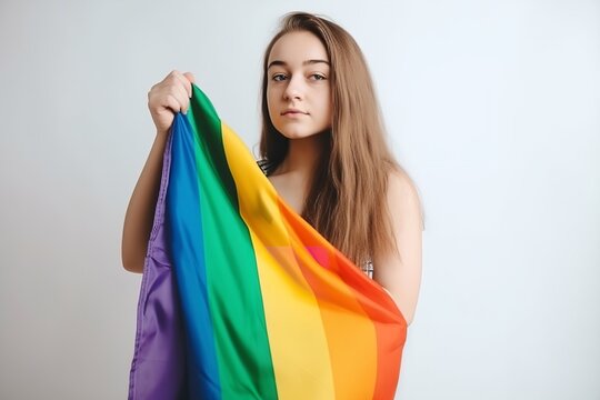 woman holding lgbt flag
