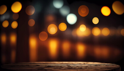 Bokeh on a wooden tabletop background. Showcasing your product. created by AI