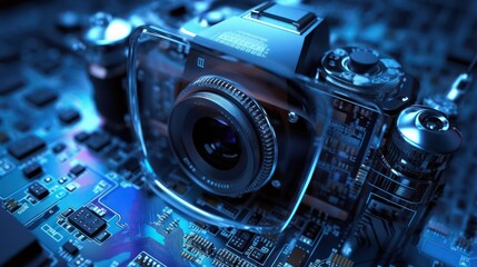 AI generated 3D image a digital camera with a light reflection on lens.