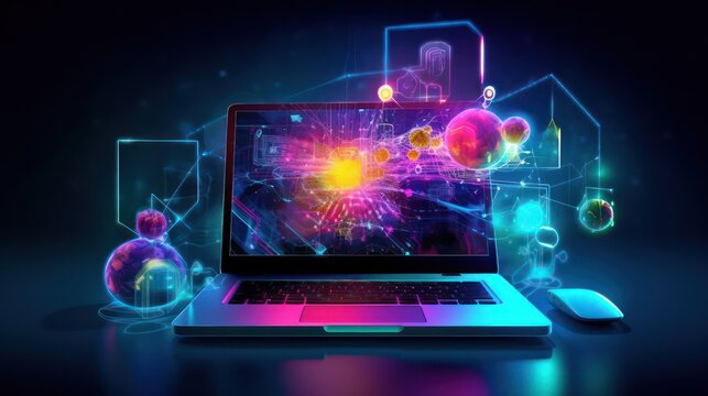 AI generated 3D image of Abstract network hologram over laptop pc screen. 