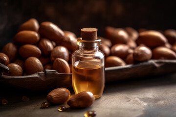 Argan essential oil and fresh argan nuts on the wooden table. Created with generative AI tools