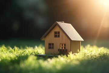 Wooden toy house on a background of green grass. Dream home in nature. A small house sits on the grass in front of a sunlit background. Realistic 3D illustration. Generative AI