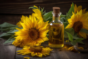 helianthus annuus oil extract, sunflower essential oil and sunflower flowers on the wooden table. Created with generative AI tools